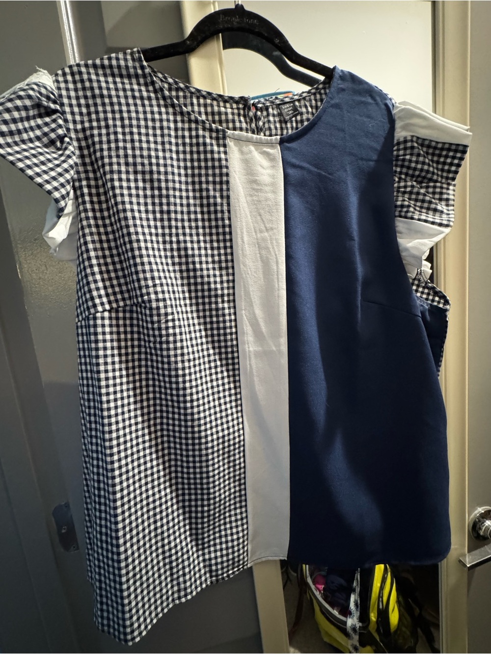 SHEIN Navy, White & Navy Gingham Panel Blouse